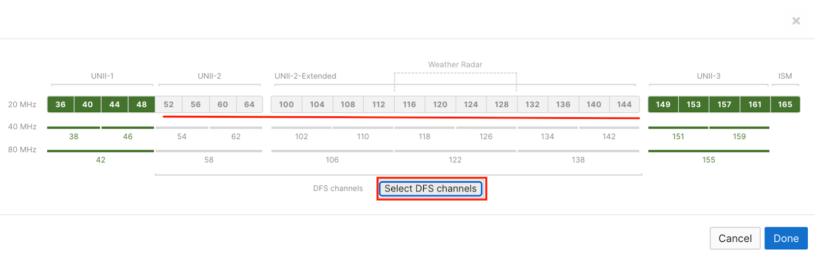 Dashboard UI radio settings in manual channel assignment showing selection of specific channel numbers 