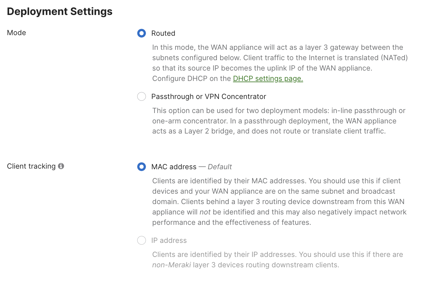 Dashboard UI Addressing and VLANs device set to Routed mode 