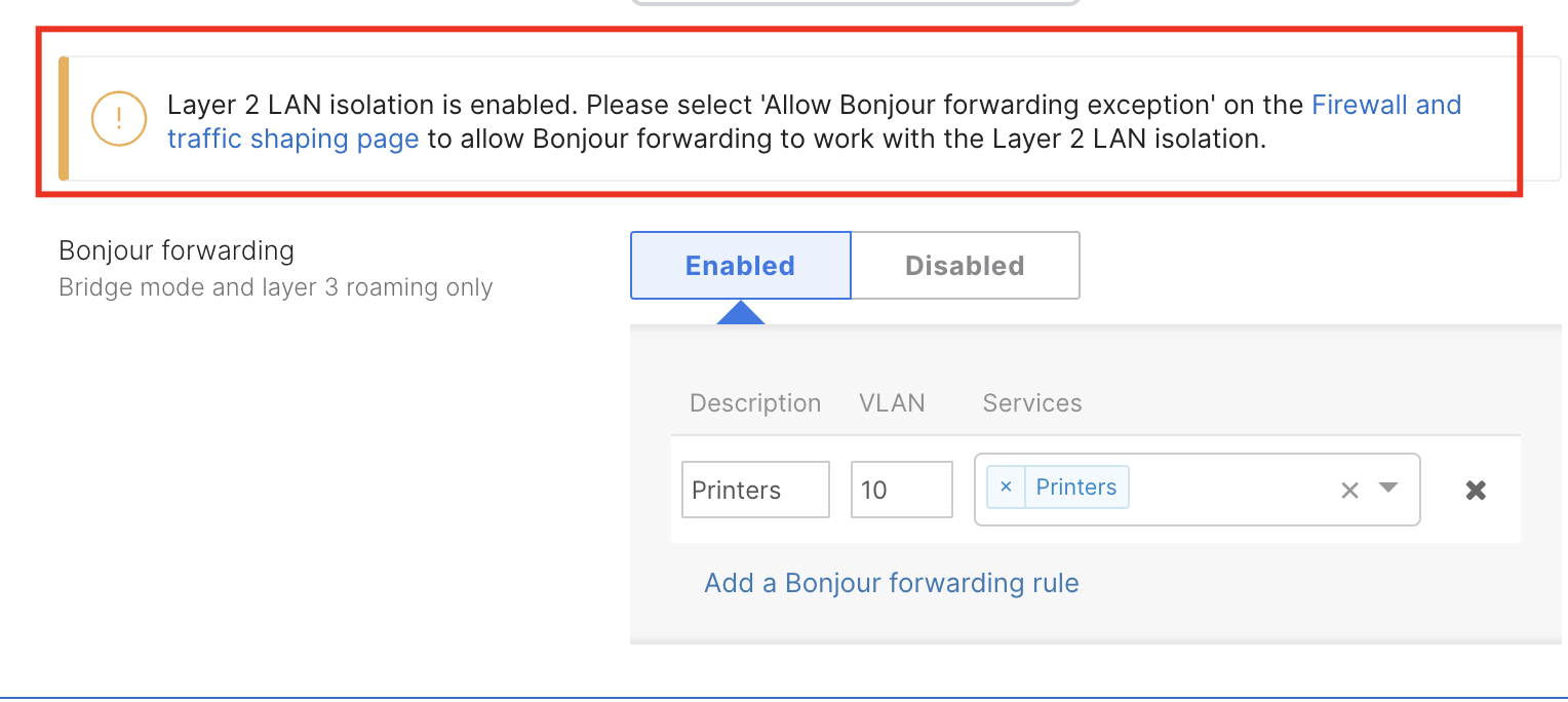 Access Control page showing an Alert that Layer 2 LAN isolation is enabled and “Allow Bonjour forwarding exception” should be enabled 
