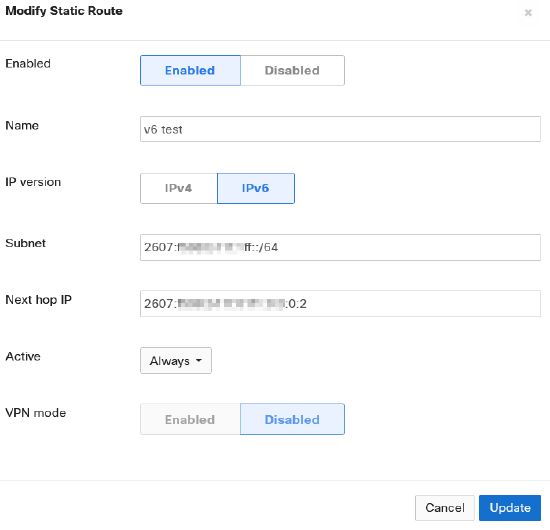 Dashboard UI Addressing & VLANs showing static route config using an example Global IPv6 address, the IPv6 Prefix, Next Hop IP