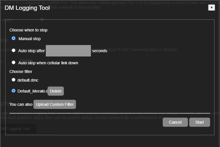 Pop-up box for the DM Logging tool to schedule the capture and chose the filter before starting.