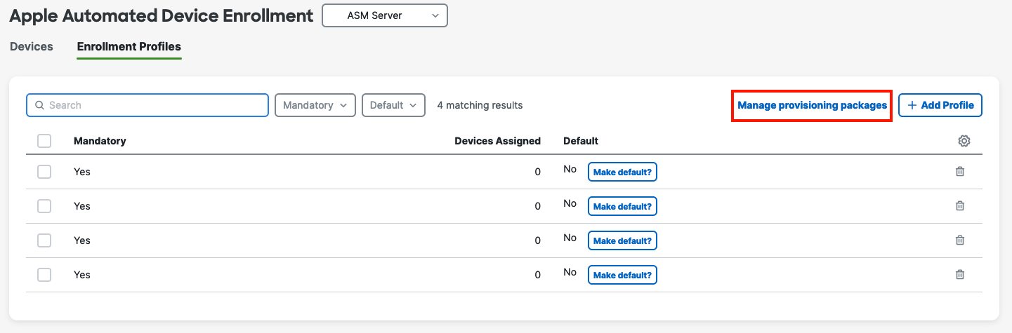 Shows the 'Enrollment Profiles' section of the ADE page highlighting the 'Managing Provisioning Profiles' button to indicate where to navigate in order to create a manage Provisioning Profiles