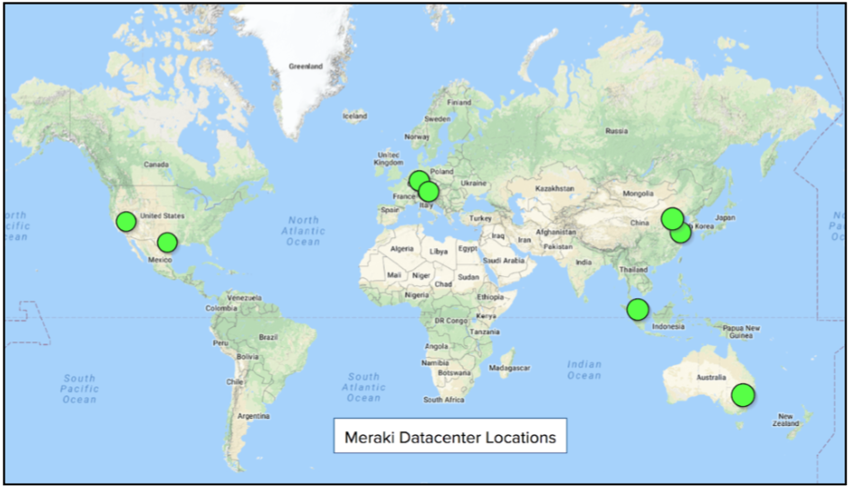 Map showing the Meraki data center locations.