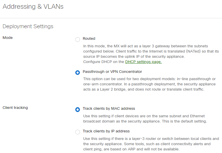 Addressing & VLANs page with passthrough mode selected.