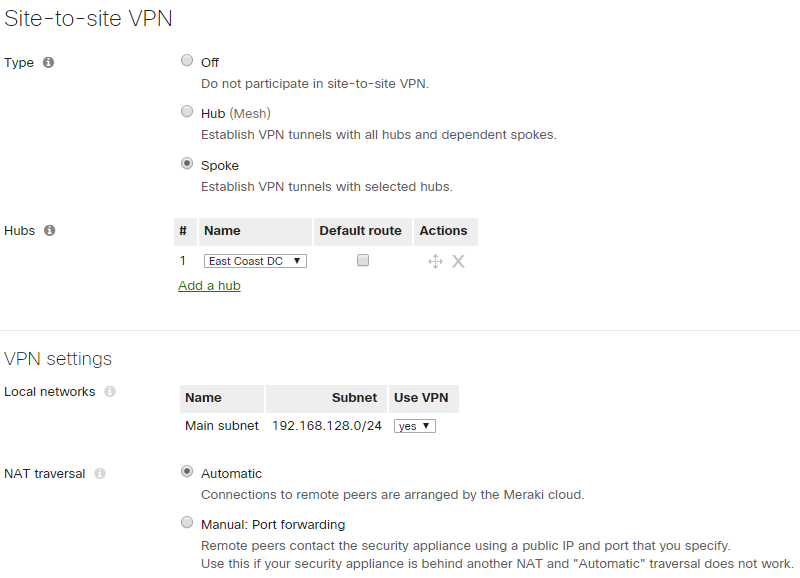 Site-to-Site VPN configured as spoke.