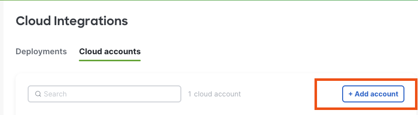Dashboard UI Cloud integration navigation to Add account