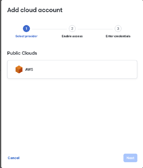 Dashboard UI Cloud integration Add account page showing available providers to select from (AWS)