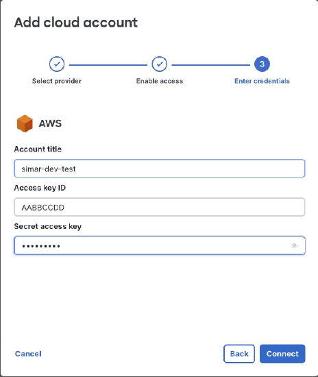 Dashboard UI Cloud integration Add account page step 3: Enter credential page with example AWS access key ID and a secret access key provided 