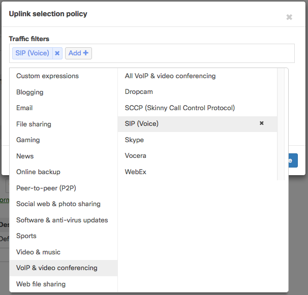 In the Uplink Selection Policy dialog box, click Add + Configure a new traffic filter. In the filter selection menu, click the VoIP & Video Conferencing category and select the desired Layer 7 rule. This example will use SIP (voice) rules.