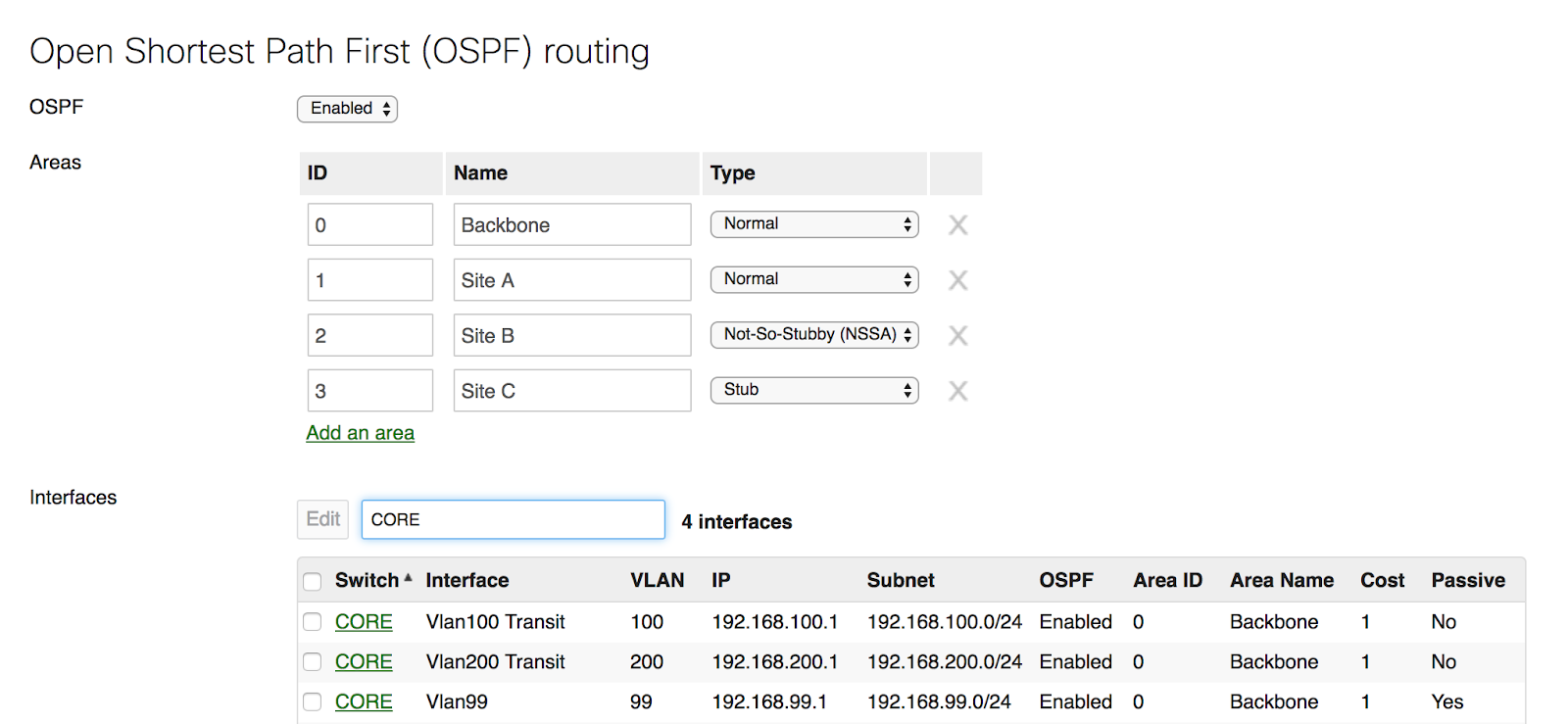 OSPF configuration page with multiple areas and VLANs created.