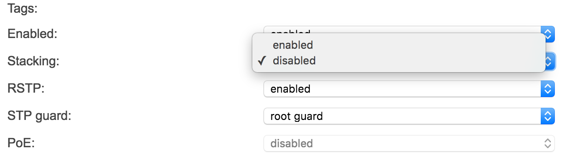 Once the switch is online, the next step is to configure the dedicated QSFP+ stacking port on the back of the switch to be used as a stacking port. You can configure this for multiple switches via Switch > Switch Ports in the Control Panel, or individually for each switch by clicking Ports.