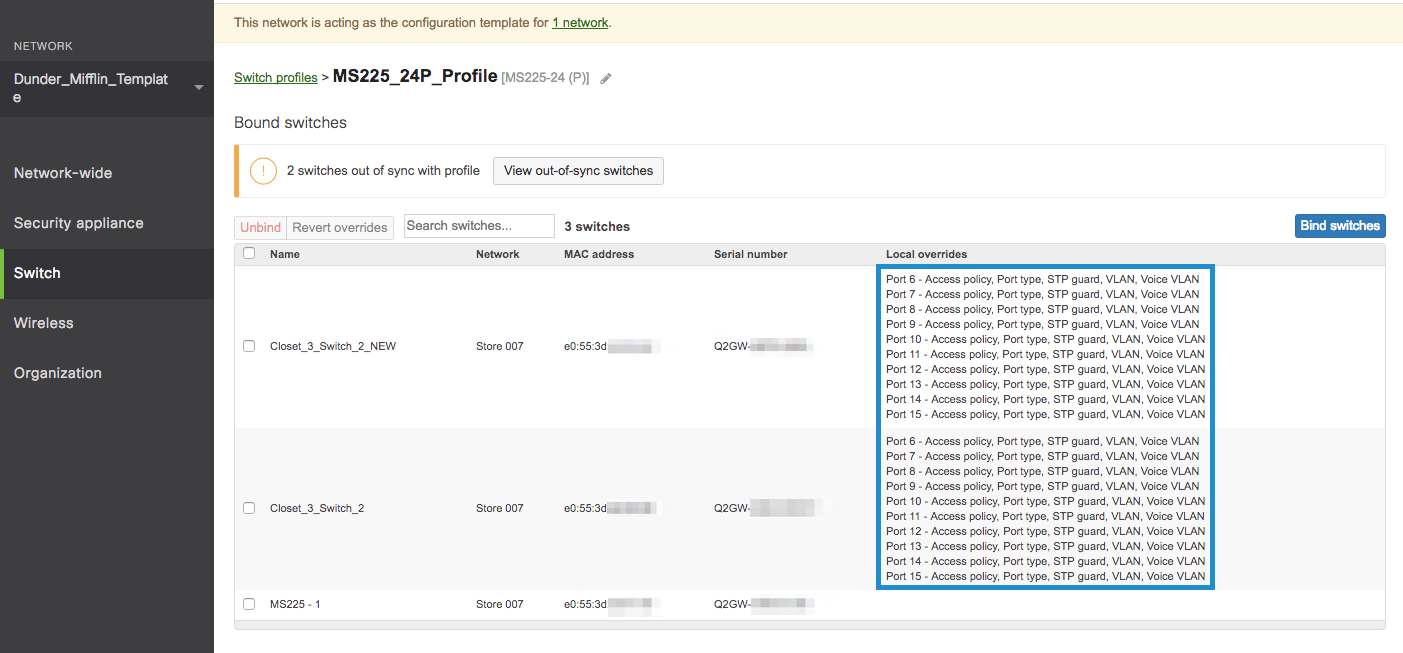 Once completed, navigate back to the template profile details page from step 4 and ensure that the local coverage between the old switch and the new switch matches.
