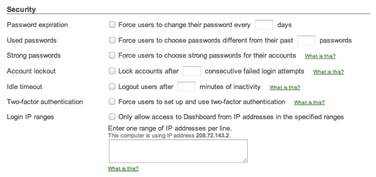 Dashboard login security settings.
