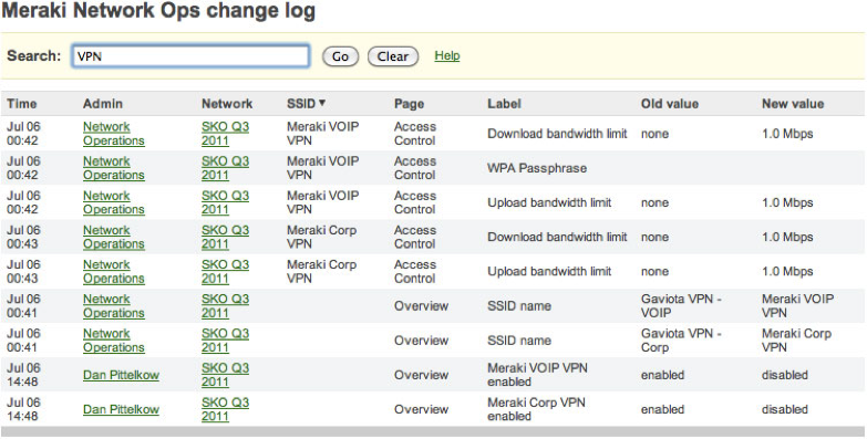 Change logs filtered for the term VPN.