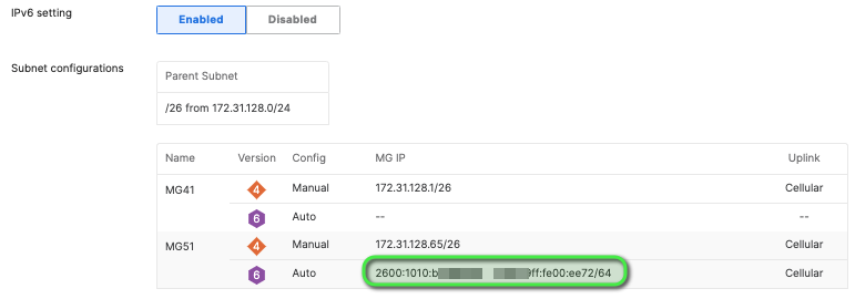 Your MG’s LAN IPv4 and IPv6 address are configured under Cellular gateway > Settings.