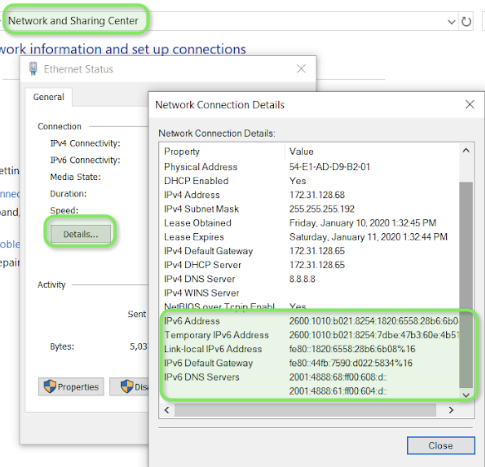 Windows network and sharing center showing the configured IP address.