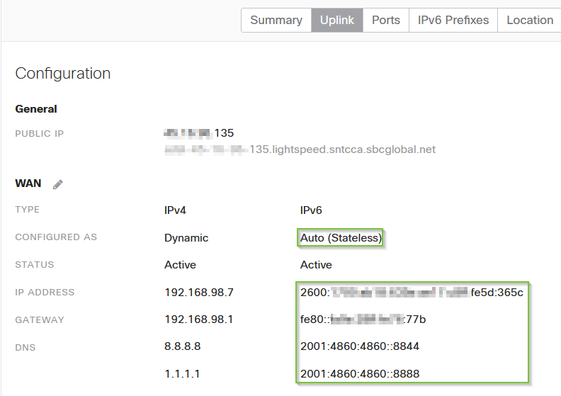 WAN showing an active IPv6 address from an auto stateless configuration.