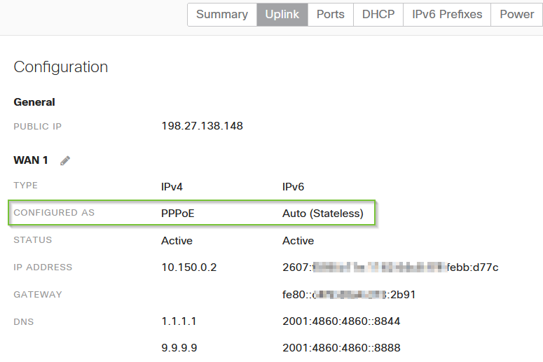 WAN1 showing an active IPv6 IP addres from PPPoE stateless configuration.