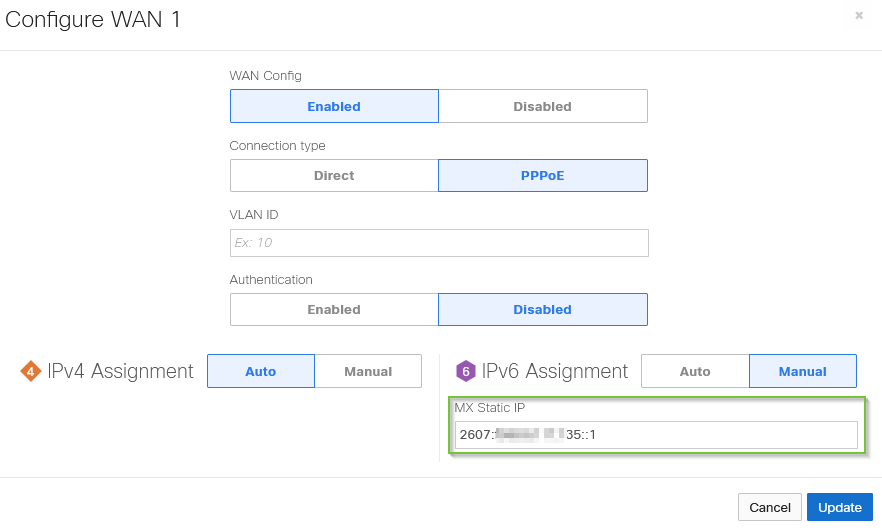 WAN1 manual/static IPv6 assignment.