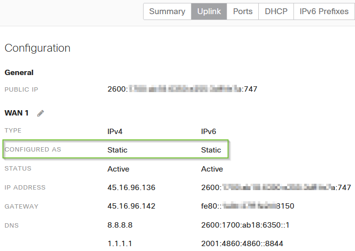 WAN1 status showing active with a static IPv6 address.
