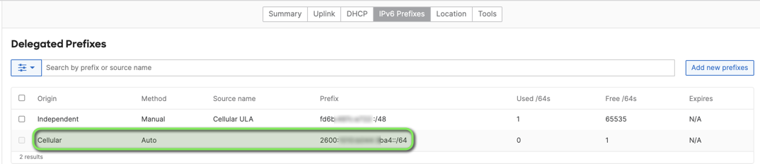 IPv6 prefixes showing an active IPv6 address prefix.