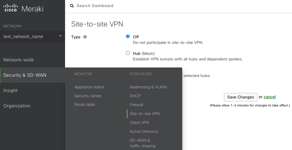 Site-to-site VPN settings are accessible through the Security & SD-WAN > Configure > Site-to-site VPN page.