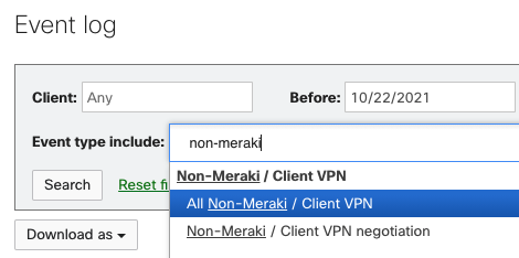 Searching event logs for Non-Meraki VPN events.