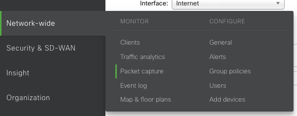 Network Wide > Packet capture option in the menu.