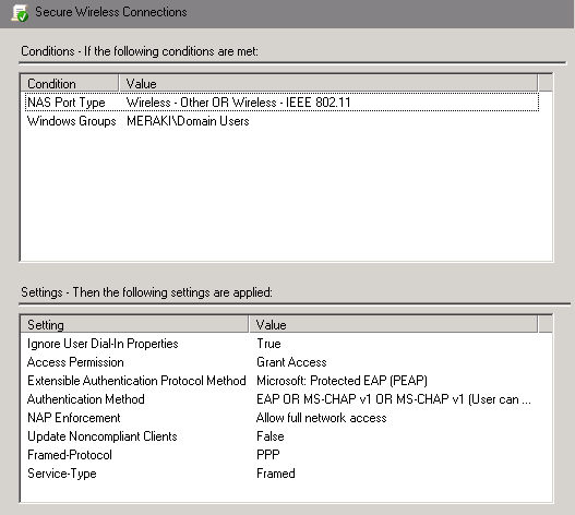 NPS Secure Wireless Connections window and settings. The Authentication Method is EAP or MS-CHAPv1.