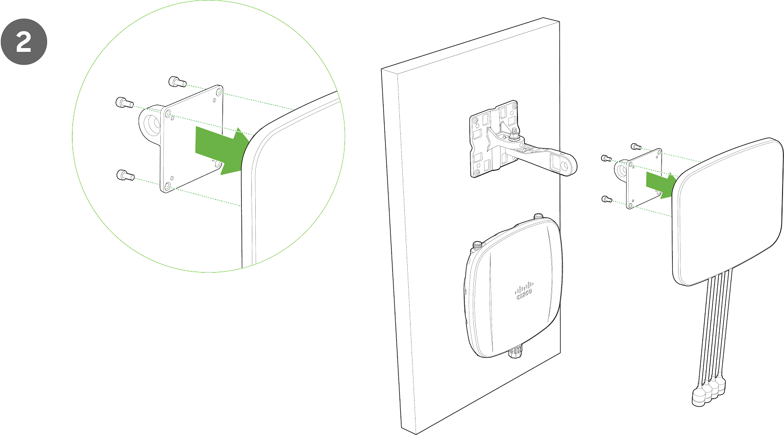 Determine the desired placement of the antenna.  Using the large arm base plate, mark the locations of the mounting holes.  Use a 0.1360-in. [3.4772 mm] bit to drill a pilot hole at the mounting hole locations you marked.  Locate the pilot holes, insert anchors into each mounting hole, and tighten.