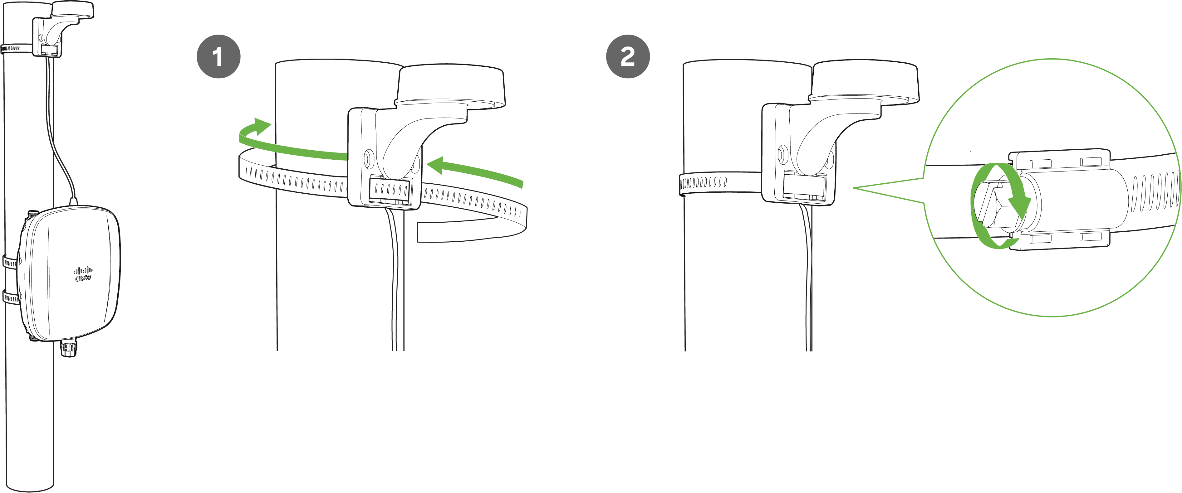 Thread the included pole straps through the horizontal antenna slots. Secure the mounting bracket by tightening the screws of the mounting straps. To tighten pole straps, use a flathead screwdriver.