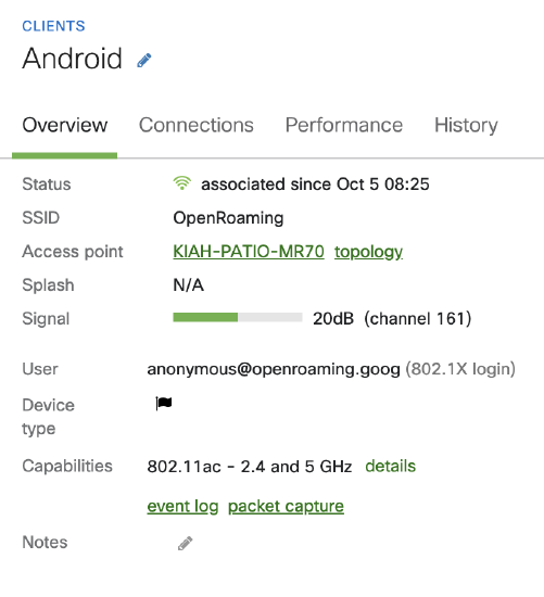 Meraki client page for Android with a successful connection to OpenRoaming.