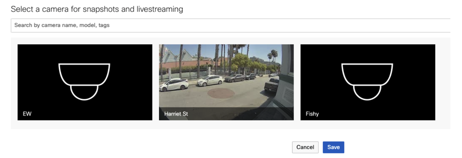 Dashboard UI camera selection showing 3 cameras with only the 2nd one being online and showing footage