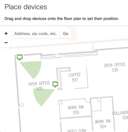 This image illustrates how to click and drag cones to adjust the direction of cameras on a floor plan for accurate field of view representation.