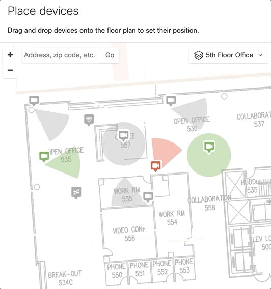 The image is displayed to help users identify which cameras are directed toward an area of interest after configuring camera FOV cones in Maps & Floorplans.