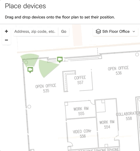 This image demonstrates how camera FOV cones are hidden when zoomed out to reduce clutter and reappear when zooming into the Maps & Floorplans view.