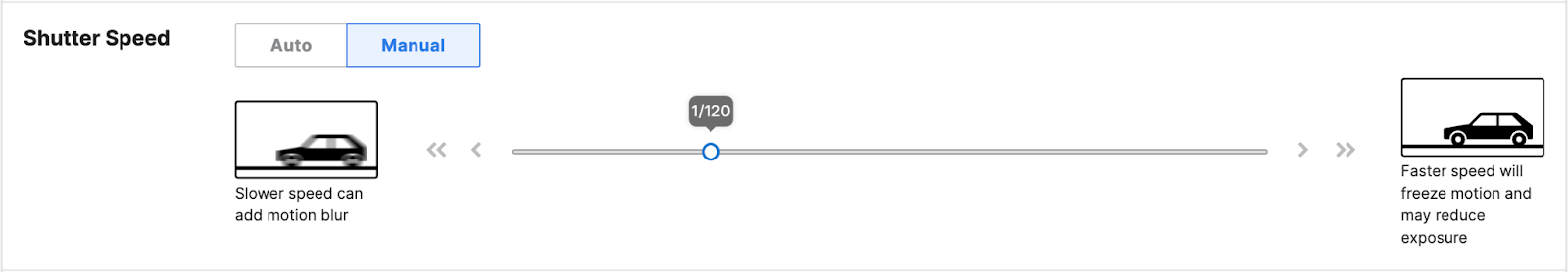This image is displayed to show the manual shutter control interface that appears after confirmation, with the shutter speed in seconds shown when hovering over the selector.