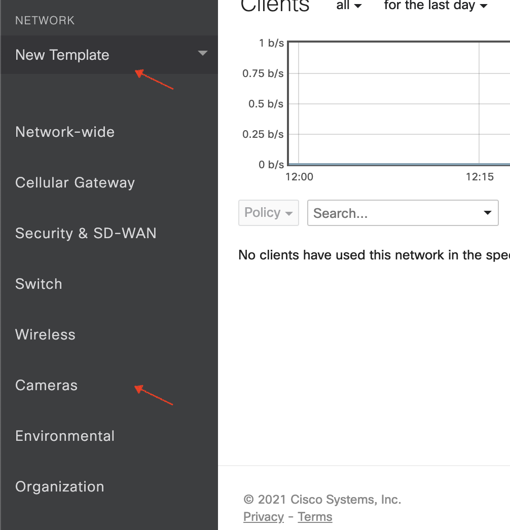 The image illustrates the step where the newly created template is verified to ensure that the Cameras section appears in the side tab.