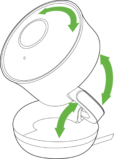 The image is displayed to show how to pull the camera out about the hinge, rotate it about the top joint, remove the lens cover, and rotate the lens to further adjust the field of view (FoV).