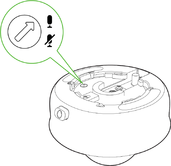 The image shows the MV63 Series camera’s microphone cut-off switch used to disable audio and override Dashboard settings for security compliance.
