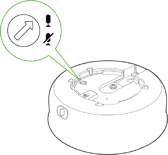 This image is displayed to show the microphone cut-off switch at the camera’s base, which can disable audio and override Dashboard Audio Settings for added security or regulatory compliance.