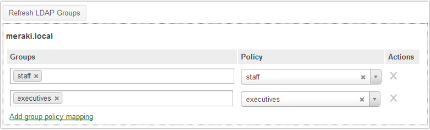 Active Directory section under Security and SD-WAN showing a configuration example under the LDAP policies section  