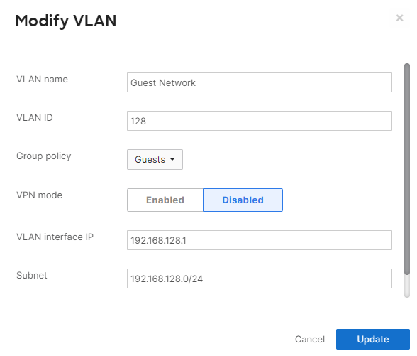 Update VLAN page: Assign Guests group policy.