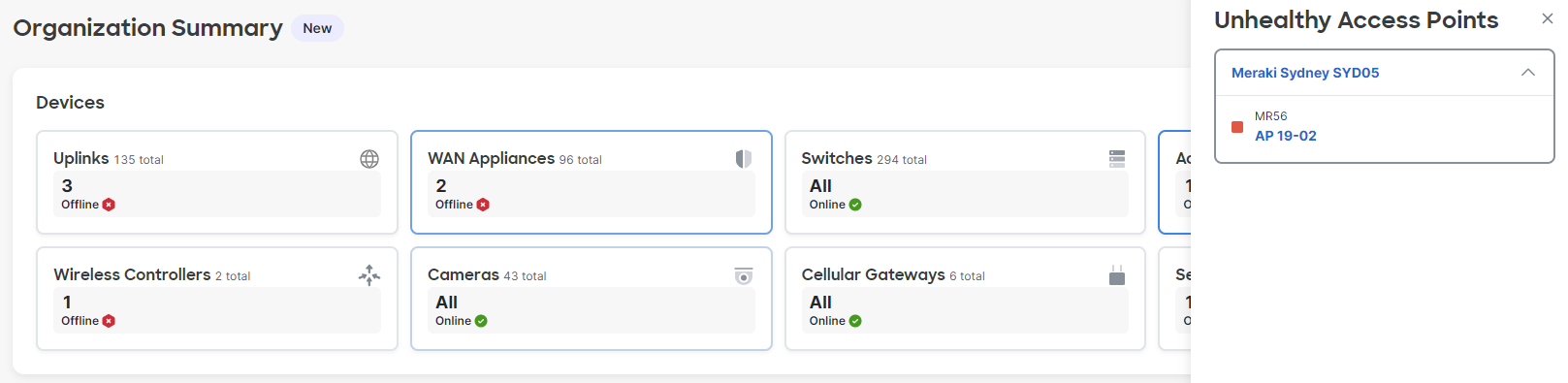 This image is displayed to show how clicking an Alerting Card under the Devices section reveals details about a device with issues and its associated network.
