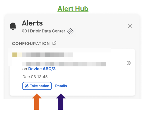 The image is displayed to illustrate the three entry points—Alert Hub, Device Details Page, and Organization Alerts Page—where users can begin the Root Cause Analysis (RCA) troubleshooting workflow in the Dashboard, with Alert Details and Take Action links/buttons leading into the RCA side drawer workflow. This demonstrates the generic locations within the Dashboard to start the RCA process.