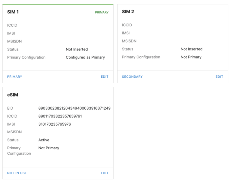 eSIM is configured and no physical SIM cards are inserted. eSIM is not primary.