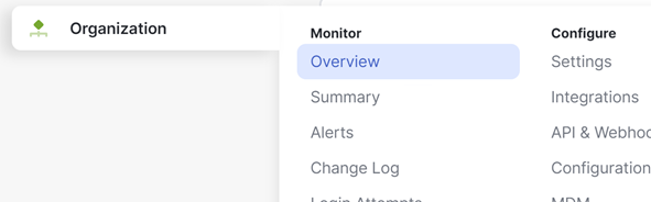 The Organization > Monitor > Overview menu is shown in the dashboard