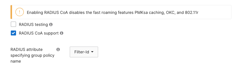Screenshot of the RADIUS testing and RADIUS CoA options on the Wireless -> Access Control page of the Dashboard, with the RADIUS CoA option checked using the checkbox on the left-hand side of the option.