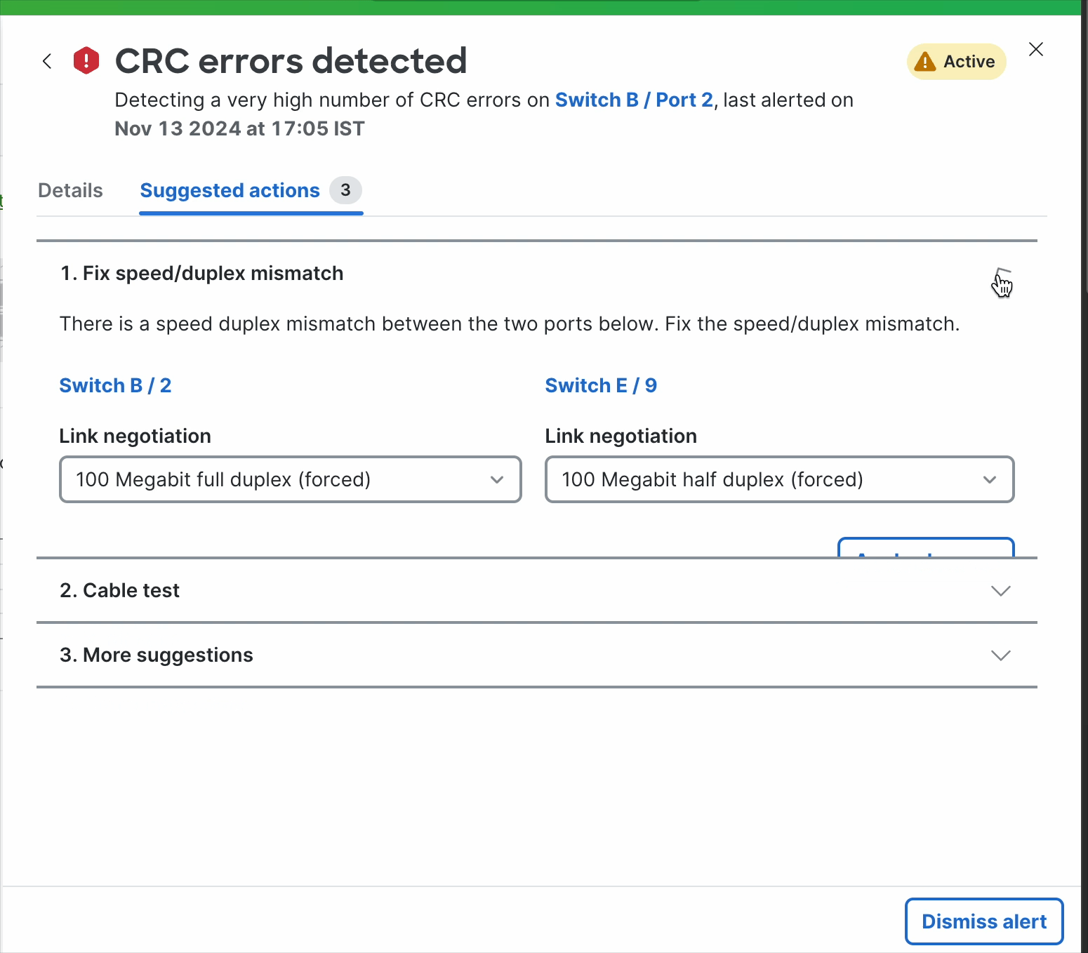 This gif is displayed to show the validation of link negotiation between two devices, allowing users to detect and correct configuration mismatches directly from the drop-down menu without navigating to each switch and switch port page.