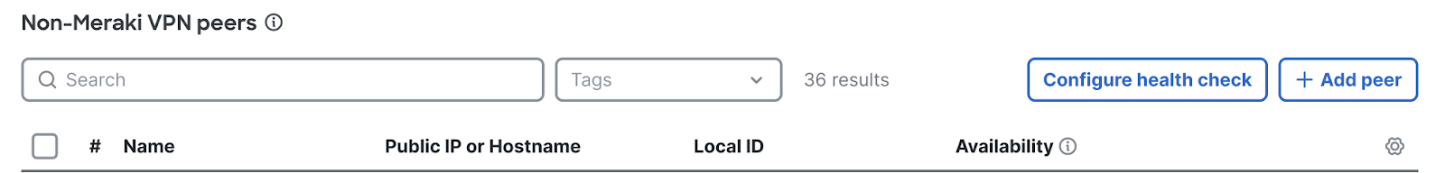 Picture of the non-Meraki peers section of the Site-to-site VPN settings page showing the "Configure health check" button.